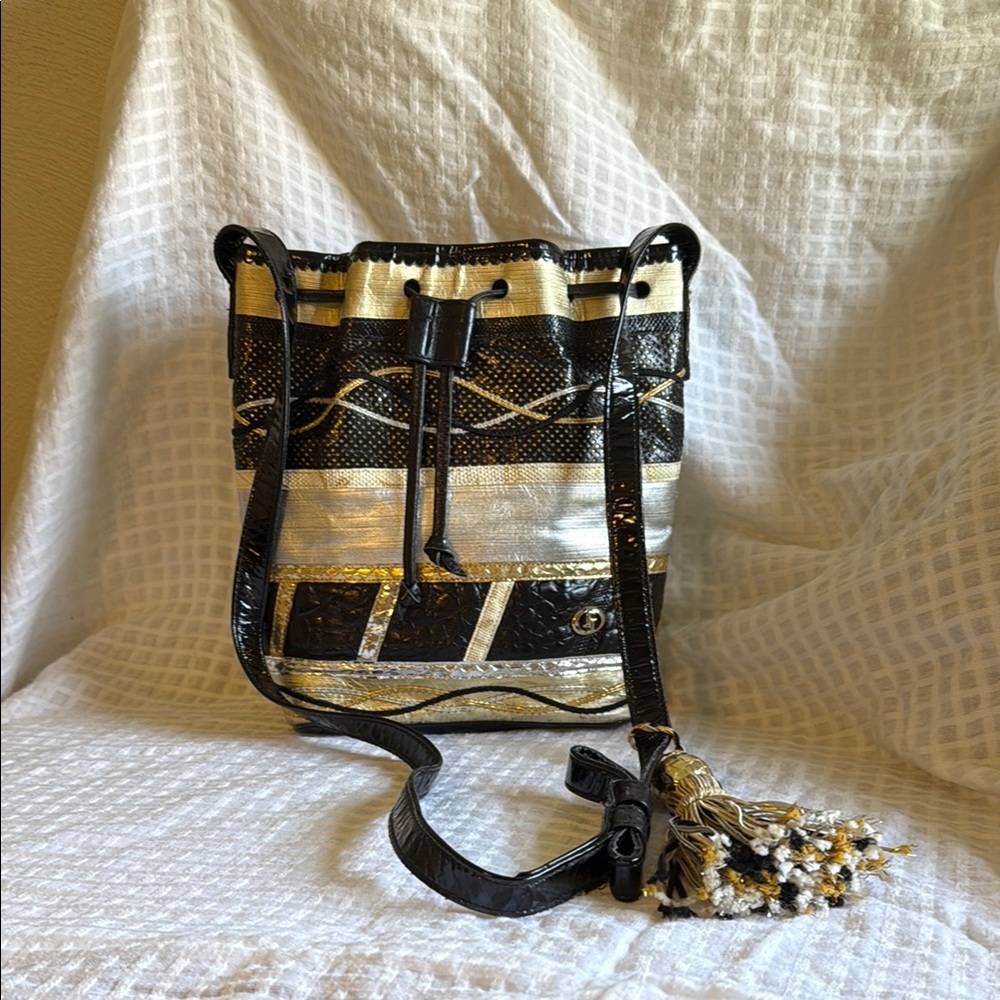 Vintage Carlo Fiori Snakeskin, Leather,Patent Black, Silver, Gold Women's Bag